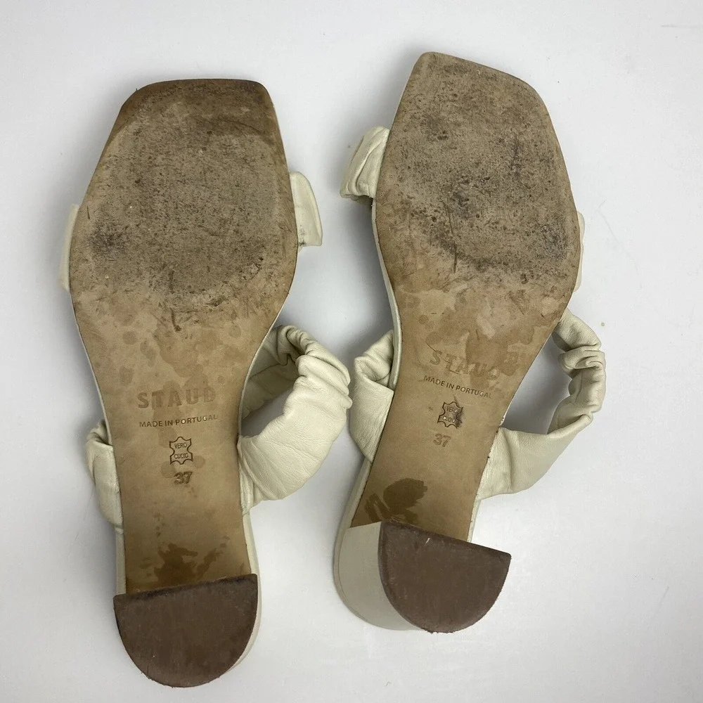 Staud Womens Size 37 Frankie Ruched‎ Leather Mules Block Heel Strap Sandal Ivory